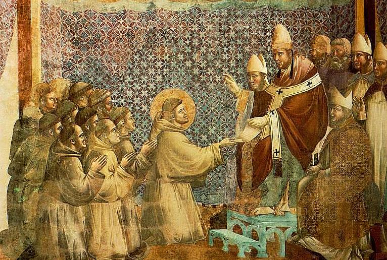 Bestätigung der Regel durch Papst Innozenz III. (Fresko von Giotto di Bondone, um 1295) / Foto: Von Giotto di Bondone - Giotto di Bondone, Gemeinfrei, https://commons.wikimedia.org/w/index.php?curid=93818